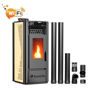Pachet pentru incalzire format din Semineu (soba) pe peleti cu tiraj fortat Fornello SOPHIA WI-FI 11 kw, kit de evacuare 2,5 metri, telecomanda, Wi-fi, culoare Ivory