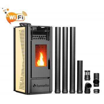Pachet pentru incalzire format din Semineu (soba) pe peleti cu tiraj fortat Fornello SOPHIA WI-FI 11 kw, kit de evacuare 3,5 metri, telecomanda, Wi-fi, culoare Ivory