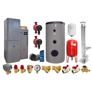 Pachet premium Centrala pe peleti Fornello Slimpel Automatic 40 kw, boiler, termostat control de la distanta, pompe electronice, vas expansiune termic si sanitar, vana deviatoare 3 cai, cos inox si fitiguri de baza