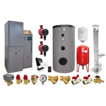 Pachet premium Centrala pe peleti Fornello Slimpel Automatic 40 kw, boiler, termostat control de la distanta, pompe electronice, vas expansiune termic si sanitar, vana deviatoare 3 cai, cos inox si fitiguri de baza