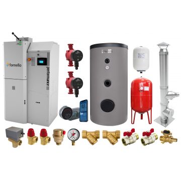 Pachet premium Centrala pe peleti Fornello Slimpel Performance 40 kw, boiler, termostat control de la distanta, pompe electronice, vas expansiune termic si sanitar, vana deviatoare 3 cai, cos inox si fitiguri de baza
