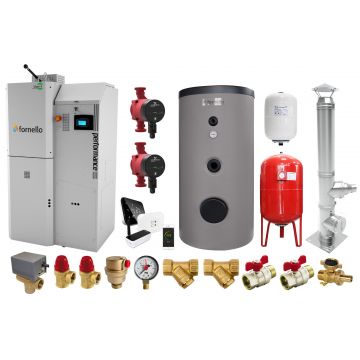 Pachet premium Centrala pe peleti Fornello Slimpel Performance 40 kw, boiler, termostat control de la distanta, pompe electronice, vas expansiune termic si sanitar, vana deviatoare 3 cai, cos inox si fitiguri de baza