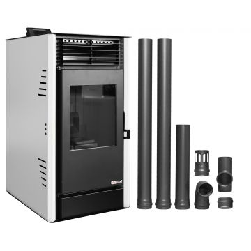 Pachet Semineu pe peleti cu aer cald Fiama Fuoco 8 kw, aprindere electrica, tiraj fortat, wifi, focar din fonta, recomandat pentru 75 mp, Alb, Kit evacuare 2.5