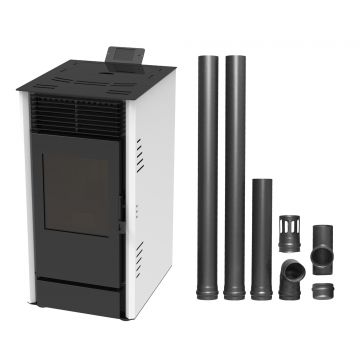 Pachet Semineu pe peleti cu aer cald Fiama Fuoco 8 kw, aprindere electrica, tiraj fortat, wifi, focar din fonta, recomandat pentru 75 mp, Alb, Kit evacuare 2.5