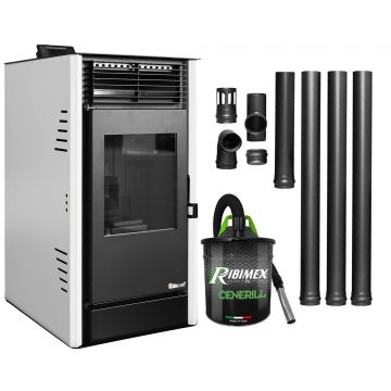 Pachet Semineu pe peleti cu aer cald Fiama Fuoco 8 kw, aprindere electrica, tiraj fortat, wifi, focar din fonta, recomandat pentru 75 mp, Alb,  Kit evacuare 3.5 ml si Aspirator cenusa