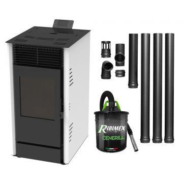 Pachet Semineu pe peleti cu aer cald Fiama Fuoco 8 kw, aprindere electrica, tiraj fortat, wifi, focar din fonta, recomandat pentru 75 mp, Alb,  Kit evacuare 3.5 ml si Aspirator cenusa