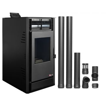 Pachet Semineu pe peleti cu aer cald Fiama Fuoco 8 kw, aprindere electrica, tiraj fortat, wifi, focar din fonta, recomandat pentru 75 mp, Black, Kit evacuare 2.5