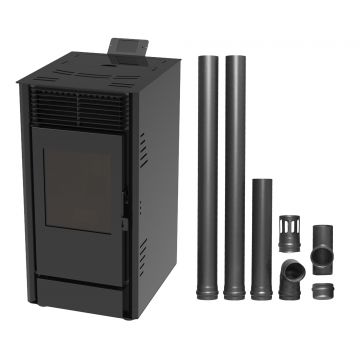 Pachet Semineu pe peleti cu aer cald Fiama Fuoco 8 kw, aprindere electrica, tiraj fortat, wifi, focar din fonta, recomandat pentru 75 mp, Black, Kit evacuare 2.5
