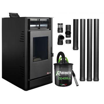 Pachet Semineu pe peleti cu aer cald Fiama Fuoco 8 kw, aprindere electrica, tiraj fortat, wifi, focar din fonta, recomandat pentru 75 mp, Black,  Kit evacuare 3.5 ml si Aspirator cenusa