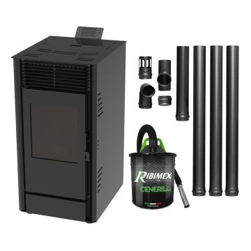 Pachet Semineu pe peleti cu aer cald Fiama Fuoco 8 kw, aprindere electrica, tiraj fortat, wifi, focar din fonta, recomandat pentru 75 mp, Black,  Kit evacuare 3.5 ml si Aspirator cenusa