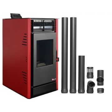 Pachet Semineu pe peleti cu aer cald Fiama Fuoco 8 kw, aprindere electrica, tiraj fortat, wifi, focar din fonta, recomandat pentru 75 mp, Bordeaux,Kit evacuare 2.5