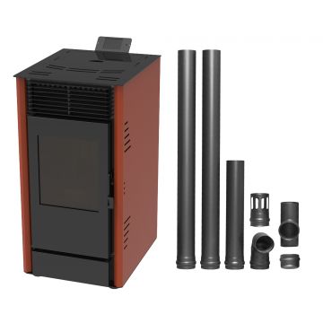 Pachet Semineu pe peleti cu aer cald Fiama Fuoco 8 kw, aprindere electrica, tiraj fortat, wifi, focar din fonta, recomandat pentru 75 mp, Bordeaux,Kit evacuare 2.5