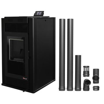 Pachet Semineu pe peleti cu aer cald Fiama Maxima 14 kw, aprindere electrica, tiraj fortat, wifi, focar din fonta, recomandat pentru 140 mp, Black, Kit evacuare 2.5 ml