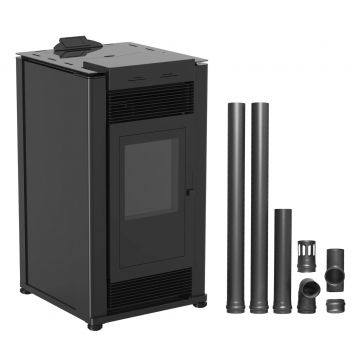 Pachet Semineu pe peleti cu aer cald Fiama Maxima 14 kw, aprindere electrica, tiraj fortat, wifi, focar din fonta, recomandat pentru 140 mp, Black, Kit evacuare 2.5 ml