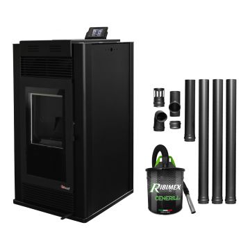 Pachet Semineu pe peleti cu aer cald Fiama Maxima 14 kw, aprindere electrica, tiraj fortat, wifi, focar din fonta, recomandat pentru 140 mp, Black, Kit evacuare 3.5 ml si Aspirator cenusa
