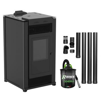 Pachet Semineu pe peleti cu aer cald Fiama Maxima 14 kw, aprindere electrica, tiraj fortat, wifi, focar din fonta, recomandat pentru 140 mp, Black, Kit evacuare 3.5 ml si Aspirator cenusa