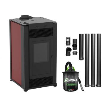 Pachet Semineu pe peleti cu aer cald Fiama Maxima 14 kw, aprindere electrica, tiraj fortat, wifi, focar din fonta, recomandat pentru 140 mp, Bordeaux, Kit evacuare 3.5 ml si Aspirator cenusa
