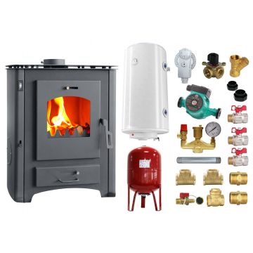 Pachet Termosemineu pe lemne, brichete si carbune Fornello B Max ER, Black, 24-26 kW, Boiler, Vas expansiune, Pompa si Fitiguri