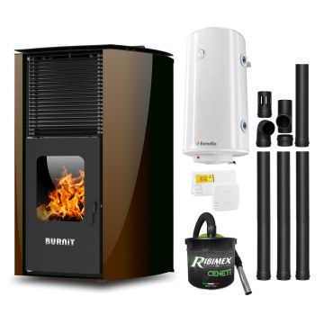 Pachet Termosemineu pe peleti Burnit Advant Novation Brown 25 kw, echipata cu pompa de circulatie, vas de expansiune, automatizare, Boiler, Termostat Radio Comanda Salus 091FLRFV2, Aspirator Cenusa si Kit evacuare 3.5 ml