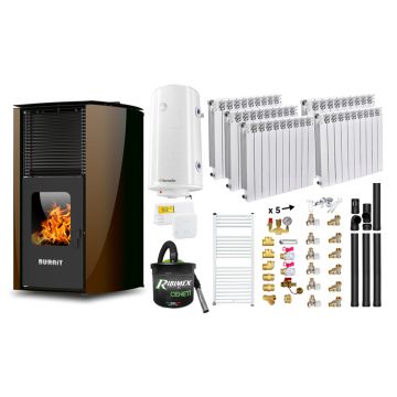 Pachet Termosemineu pe peleti Burnit Advant Novation Brown 25 kw, echipata cu pompa de circulatie, vas de expansiune, automatizare, Calorifere aluminiu, Fitinguri, Boiler, Termostat Radio Comanda Salus 091FLRFV2, Aspirator Cenusa si Kit evacuare 3.5