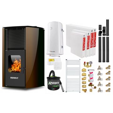 Pachet Termosemineu pe peleti Burnit Advant Novation Brown 25 kw, echipata cu pompa de circulatie, vas de expansiune, automatizare, Radiatoare otel, Fitinguri, Boiler, Termostat Radio Comanda Salus 091FLRFV2, Aspirator Cenusa si Kit evacuare 3.5 ml