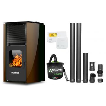 Pachet Termosemineu pe peleti Burnit Advant Novation Brown 25 kw, echipata cu pompa de circulatie, vas de expansiune, automatizare, Termostat Radio Comanda Salus 091FLRFV2, Aspirator Cenusa si Kit evacuare 2.5 ml