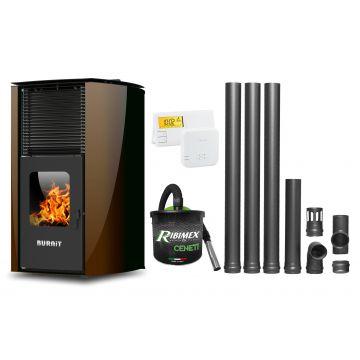Pachet Termosemineu pe peleti Burnit Advant Novation Brown 25 kw, echipata cu pompa de circulatie, vas de expansiune, automatizare, Termostat Radio Comanda Salus 091FLRFV2, Aspirator Cenusa si Kit evacuare 3.5 ml