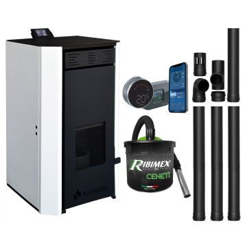 Pachet Termosemineu pe peleti Fornello EVA 25 KW, pompa circulatie, vas expansiune, Grup siguranta, WI-FI, buncar, tiraj fortat, kit evacuare, termostat Salus IT 800, aspiratior, Clasa A++, recomandat pentru 160 mp, Alb