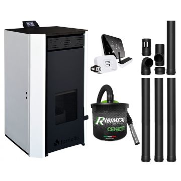 Pachet Termosemineu pe peleti Fornello EVA 25 KW, pompa circulatie, vas expansiune, Grup siguranta, WI-FI, buncar, tiraj fortat, kit evacuare, termostat Salus IT500, aspiratior, Clasa A++, recomandat pentru 160 mp, Alb