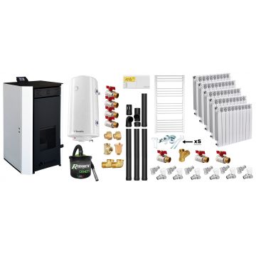 Pachet Termosemineu pe peleti Fornello EVA 25 KW, pompa circulatie, vas expansiune, WI-FI, buncar, tiraj fortat, kit evacuare 3.5 ml, termostat, aspiratior, boiler 100L, Radiatoare Aluminiu si Fitinguri montaj