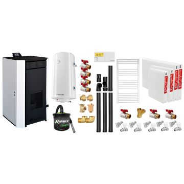 Pachet Termosemineu pe peleti Fornello EVA 25 KW, pompa circulatie, vas expansiune, WI-FI, buncar, tiraj fortat, kit evacuare 3.5 ml, termostat, aspiratior, boiler 100L, Radiatoare otel si Fitinguri montaj