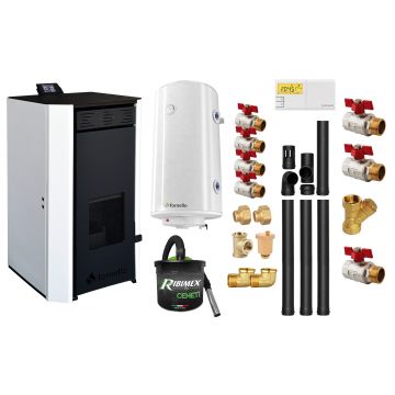 Pachet Termosemineu pe peleti Fornello EVA 25 KW, pompa circulatie, vas expansiune, WI-FI, buncar, tiraj fortat, kit evacuare 3.5 ml, termostat, aspiratior, boiler 100L si Fitinguri montaj centrala/boiler