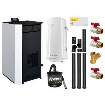 Pachet Termosemineu pe peleti Fornello EVA 25 KW, pompa circulatie, vas expansiune, WI-FI, buncar, tiraj fortat, kit evacuare 3.5 ml, termostat, aspiratior, boiler 100L si Fitinguri montaj