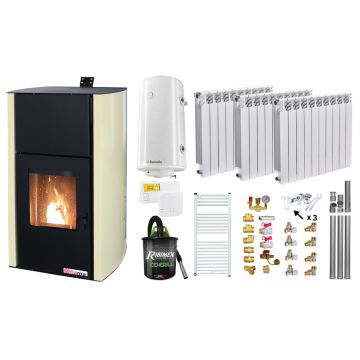 Pachet Termosemineu pe peleti Fornello Fiama Confort 12 kw, Pompa, Vas expansiune, Automatizare, Calorifere aluminiu Fornello Alvo, Boiler 100 litri, Termostat, Aspirator, Kit 3.5 ml si Fitinguri montaj