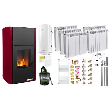 Pachet Termosemineu pe peleti Fornello Fiama Confort 25 kw, culoare Bordeaux, Pompa, Vas expansiune, Automatizare, Calorifere aluminiu Fornello Alvo, Boiler 100 litri, Termostat, Aspirator, Kit 3.5 ml si Fitinguri montaj