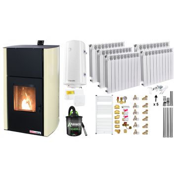 Pachet Termosemineu pe peleti Fornello Fiama Confort 25 kw, Pompa, Vas expansiune, Automatizare, Calorifere aluminiu Fornello Alvo, Boiler 100 litri, Termostat, Aspirator, Kit 3.5 ml si Fitinguri montaj