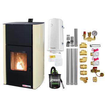 Pachet Termosemineu pe peleti Fornello Fiama Confort 30 kW, cu pompa, vas expansiune, automatizare, boiler, termostat, aspirator, kit evacuare 3.5 ml, fitinguri, buncar 35 kg, tiraj fortat, culoare crem, pana la 200 mp