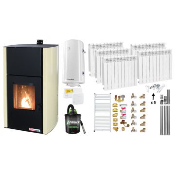 Pachet Termosemineu pe peleti Fornello Fiama Confort 30 kW, cu pompa, vas expansiune, automatizare, calorifere aluminiu, boiler, termostat, aspirator, kit evacuare 3.5 ml, fitinguri, buncar 35 kg, culoare crem, pana la 200 mp