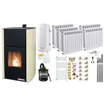 Pachet Termosemineu pe peleti Fornello Fiama Confort 30 kW, cu pompa, vas expansiune, automatizare, calorifere aluminiu Fornello Alvo, boiler, termostat, aspirator, kit evacuare, fitinguri, culoare crem, pana la 200 mp