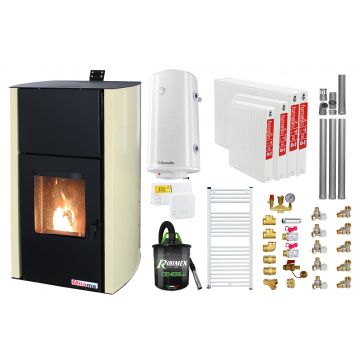 Pachet Termosemineu pe peleti Fornello Fiama Confort 30 kW, cu pompa, vas expansiune, automatizare, radiatoare otel, boiler, termostat, aspirator, kit evacuare 3.5 ml, fitinguri, buncar 35 kg, culoare crem, pana la 200 mp