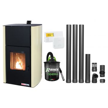 Pachet Termosemineu pe peleti Fornello Fiama Confort 30 kW, cu pompa, vas expansiune, automatizare, termostat, aspirator, kit evacuare 3.5 ml, buncar 35 kg, tiraj fortat, culoare crem, pana la 200 mp