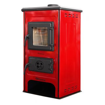 Semineu cu plita din fonta Fiama SD CORNER, pe lemne,brichete si carbune, putere 6 kW, culoare red