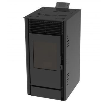 Semineu pe peleti cu aer cald Fiama Fuoco 8 kw, aprindere electrica, tiraj fortat, wifi, focar din fonta, recomandat pentru 75 mp, Black