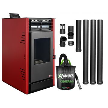 Semineu pe peleti cu aer cald Fiama Fuoco 8 kw, aprindere electrica, tiraj fortat, wifi, focar din fonta, recomandat pentru 75 mp, Bordeaux