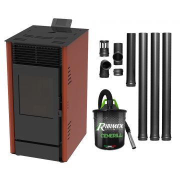 Semineu pe peleti cu aer cald Fiama Fuoco 8 kw, aprindere electrica, tiraj fortat, wifi, focar din fonta, recomandat pentru 75 mp, Bordeaux