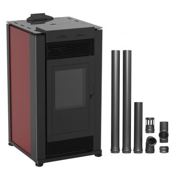 Semineu pe peleti cu aer cald Fiama Maxima 14 kw, aprindere electrica, tiraj fortat, wifi, focar din fonta, recomandat pentru 140 mp, Bordeaux,Kit evacuare 2.5 ml
