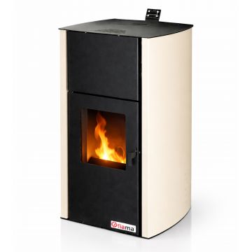 Termosemineu pe peleti Fornello Fiama Confort 25 kw, complet echipat pentru incalzire, pompa, vas expansiune, automatizare, buncar peleti 25 kg,  tiraj fortat, culoare Crem, aprindere automata, pana la 160 mp
