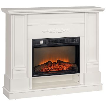 HOMCOM Șemineu Electric cu Flacără 3D, Oprire Automată, Încălzire Reglabilă și Temporizator, 96,5x22x81,7 cm, Alb | Aosom Romania