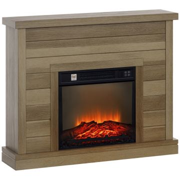 HOMCOM Șemineu Electric cu Flacără 3D, Oprire Automată, Încălzire Reglabilă și Temporizator, 96,5x22x81,7 cm, Lemn Natural | Aosom Romania