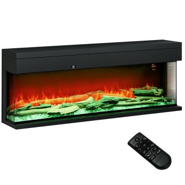 HOMCOM Șemineu Electric Încorporabil cu Efect de Flăcări 3D, Oprire Automată și Termostat, 127x26x50 cm, Negru | Aosom Romania